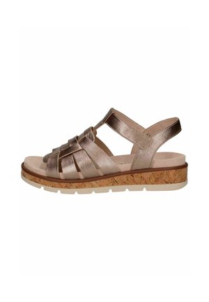 Metallic rose gold sandal with woven straps, cushioned footbed, and cork-textured sole. Features an adjustable slingback strap for fit.