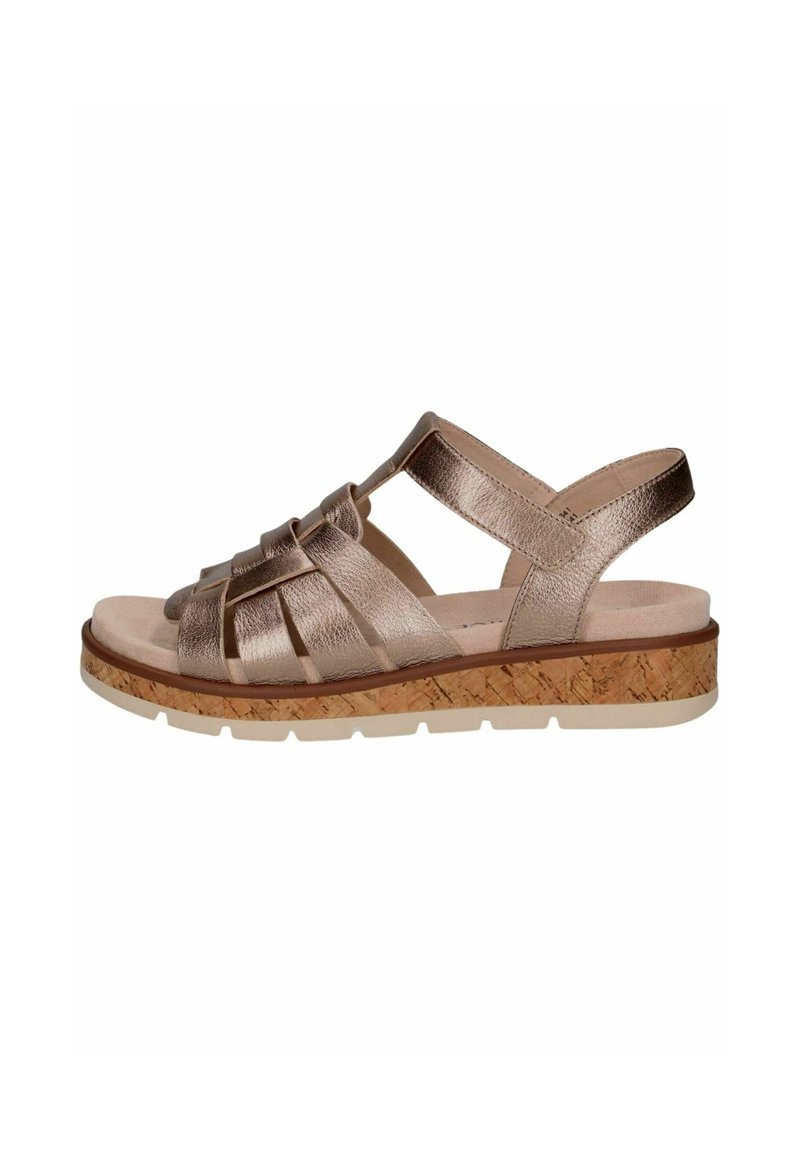 Sandalo metallico rosa oro con cinture intrecciate, soletta imbottita e suola con texture di sughero. Presenta una cintura regolabile per una vestibilità perfetta.