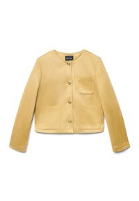 Gelbe, doppelt geknöpfte Jacke aus weichem Stoff mit langen Ärmeln, zwei Fronttaschen und goldfarbenen Knöpfen. Markenetikett innen sichtbar.