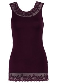Débardeur sans manches violet foncé avec bordure en dentelle autour du col et de l'ourlet, présentant des motifs floraux en dentelle sur un tissu en maille transparente.