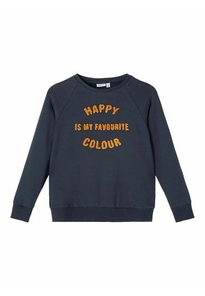 Felpa a maniche lunghe blu navy con testo arancione e strutturato che dice "HAPPY IS MY FAVOURITE COLOUR" sulla parte anteriore.