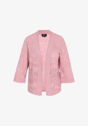 Svetlo ružový pletený cardigan s otvoreným predným dielom, trojštvrťovými rukávmi a textúrovanými vzormi. Obsahuje rebrovaný golier a manžety.
