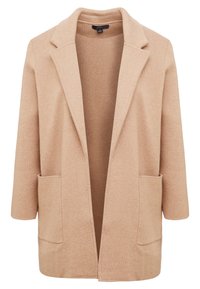 Beige Cardigan mit offenem Vorderteil aus strukturiertem Strickmaterial, ausgestattet mit einem gewellten Kragen und zwei Fronttaschen. Dreiviertellange Ärmel.