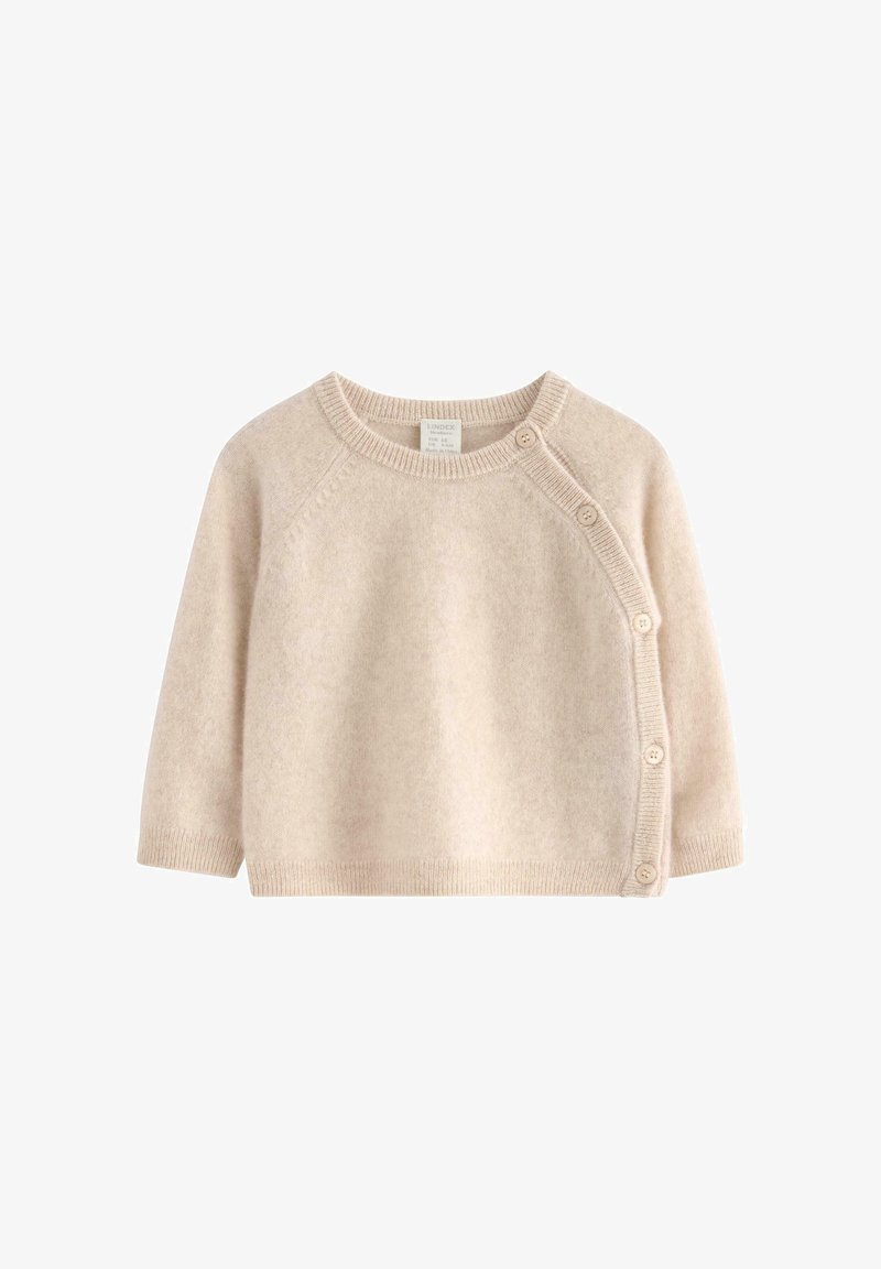 Beige gestrickter Pullover mit Raglanärmeln, rundem Ausschnitt und Knopfverschluss an der Seite. Weiche Textur und lässige Passform.