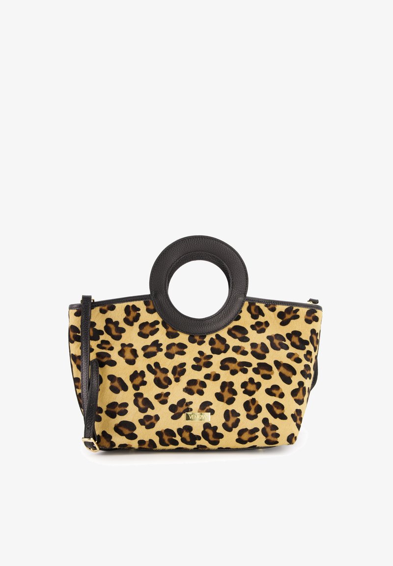 Leopard print handbag with a yellow base and black accents, featuring a rounded handle and a detachable strap. Textured material, zip closure.