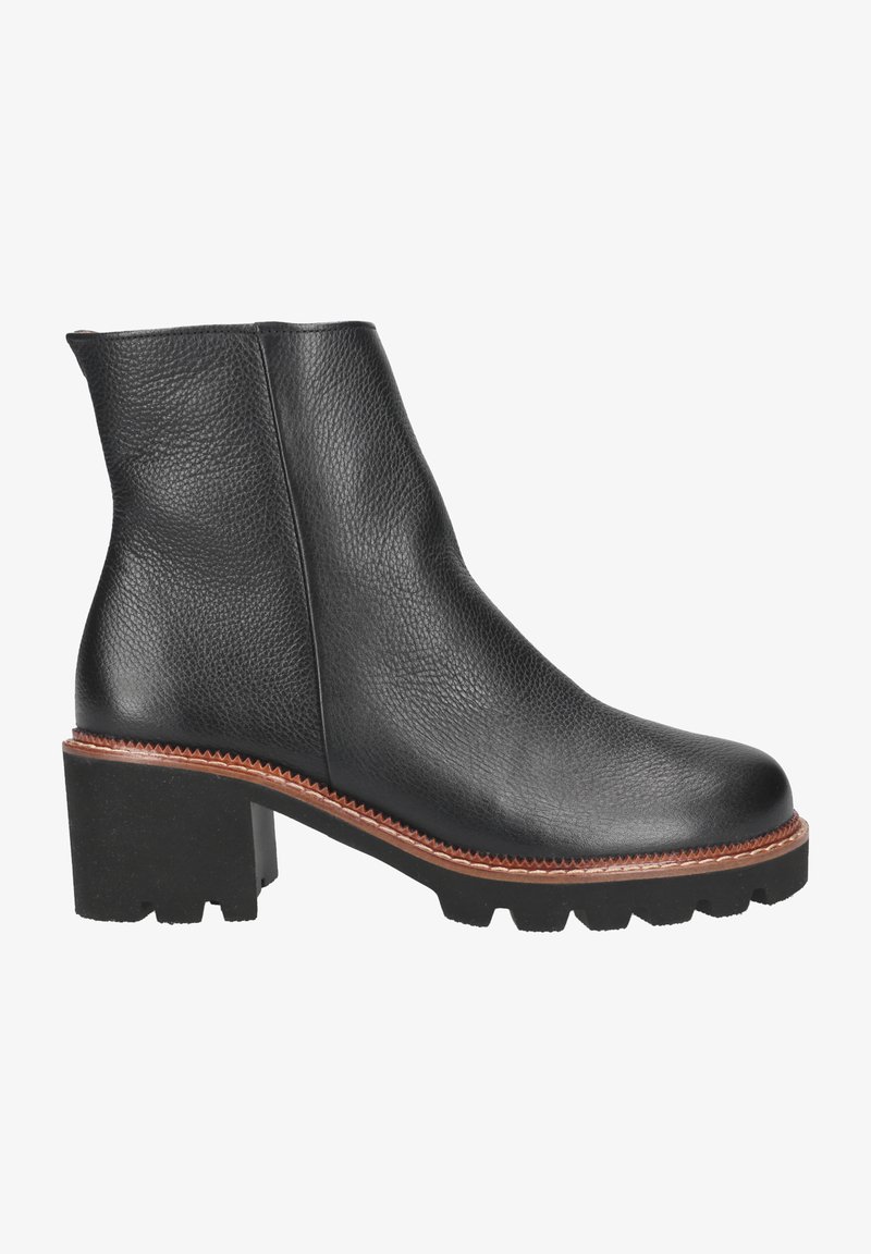 Schwarzer Leder-Absatzstiefel mit strukturiertem Obermaterial, erhöhtem Absatz und Gummisohle. Verfügt über Kontrastnähte und eine schlanke Silhouette.