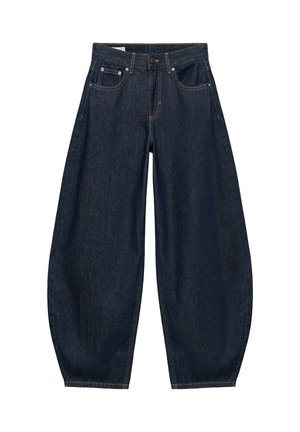 Mørkeblå vidde jeans med frontlommer, bæltestropper og knaplukning i taljen.