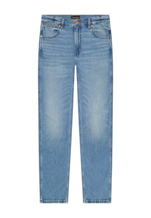 Světlomodré džíny Wrangler s rovnými nohavicemi, předními kapsami, měděnými nýty, zapínáním na knoflík a vybledlými detaily na stehnech.