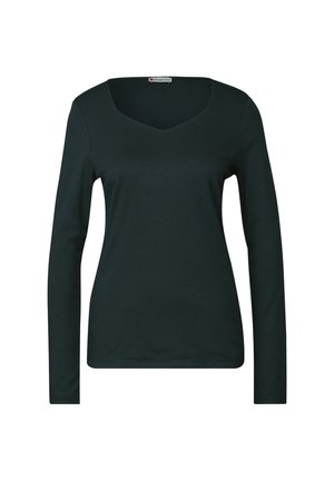 T-shirt à manches longues en vert foncé, avec un décolleté en V. Fabriqué dans un tissu doux et extensible avec une texture lisse. Sans motifs ni accents visibles.