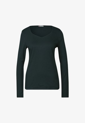 T-shirt à manches longues en vert foncé, avec un décolleté en V. Fabriqué dans un tissu doux et extensible avec une texture lisse. Sans motifs ni accents visibles.
