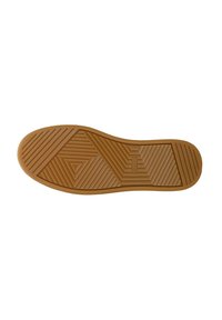 Suola di scarpa in gomma di colore marrone con un design testurizzato. Presenta motivi geometrici e scanalature per la trazione. Bordo curvo e liscio.
