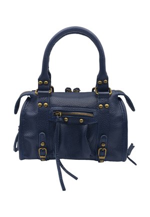 Sac à main en cuir texturé bleu marine avec double poignées, poche zippée à l'avant avec tirette, ferrures en laiton et détails de sangles à boucle sur les côtés.