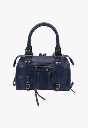 Sac à main en cuir texturé bleu marine avec double poignées, poche zippée à l'avant avec tirette, ferrures en laiton et détails de sangles à boucle sur les côtés.