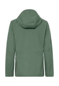 Grüne wasserdichte Jacke mit angenähter Kapuze, langen Ärmeln und geradem Saum, von hinten auf weißem Hintergrund gezeigt.