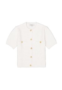 Weißer kurzärmeliger Cardigan aus texturiertem Stoff mit goldenen Knöpfen und zwei Fronttaschen im lässigen Design.