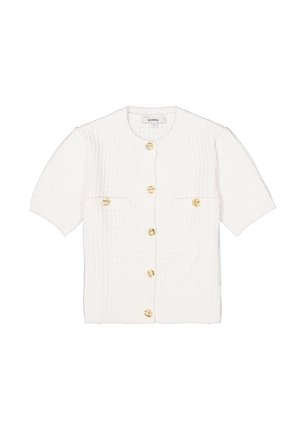 Witte korte mouwen cardigan van textuurstof, met gouden knopen en twee voorzakken in een casual ontwerp.