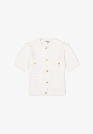 Weißer kurzärmeliger Cardigan aus texturiertem Stoff mit goldenen Knöpfen und zwei Fronttaschen im lässigen Design.