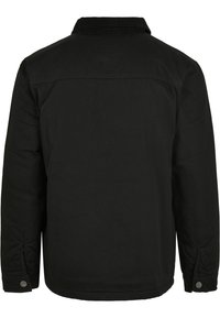 Giacca nera con colletto, polsini abbottonati e un design semplice. Realizzata in un materiale testurizzato senza motivi o accenti visibili.