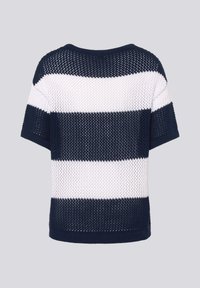 Kurzärmliger Pullover mit marineblauen und weißen Streifen, locker gestrickt für Atmungsaktivität. Verfügt über einen runden Halsausschnitt und einen gerippten Saum.