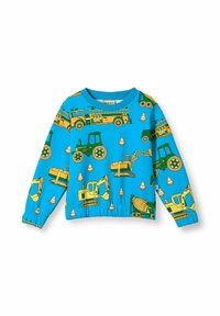 Sudadera azul brillante con estampados de vehículos de construcción en verde y amarillo, con puños de canalé y una cintura ajustada.