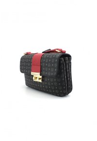 Zwarte handtas met een patroon, goudkleurige hardware, leren handvat in het rood, klep sluiting en een textuuroppervlak. Bevat meerdere compartments voor opbergruimte.