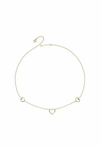 Collar de tono dorado con tres formas de corazón abiertas a lo largo de una delicada cadena. Esta pieza tiene un diseño minimalista con una textura suave.