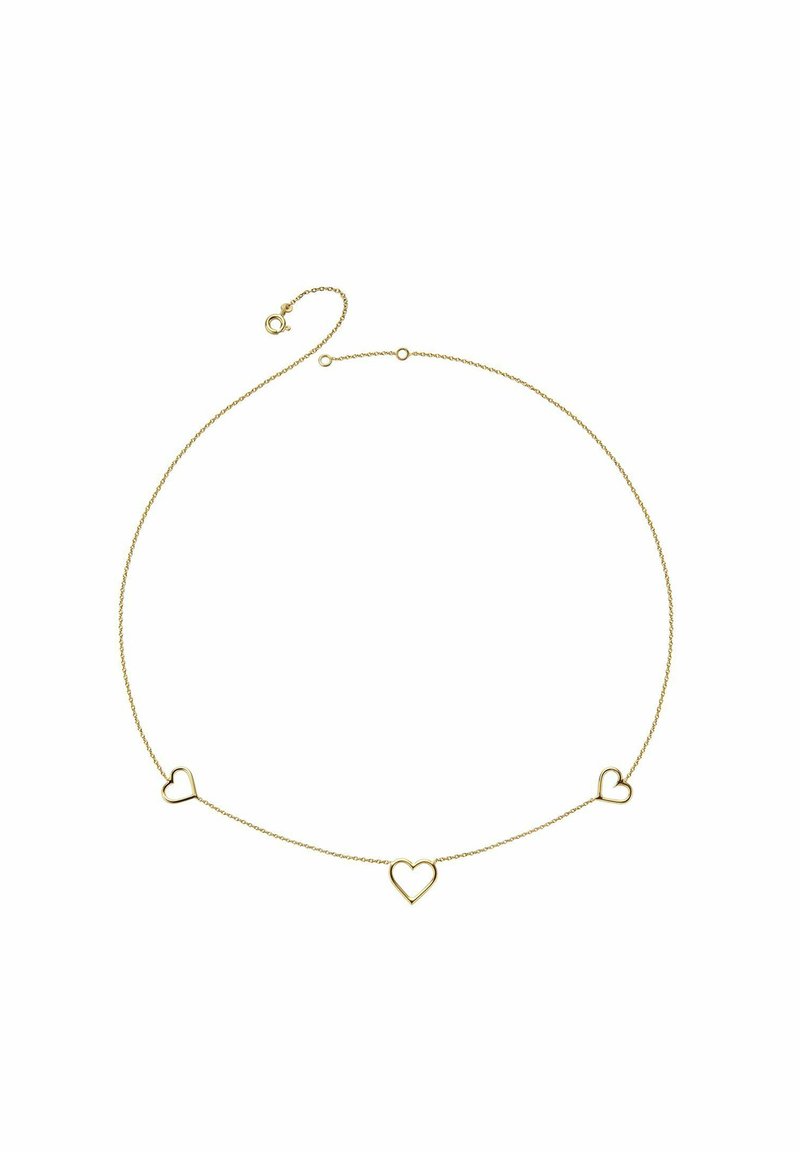 Collar de tono dorado con tres formas de corazón abiertas a lo largo de una delicada cadena. Esta pieza tiene un diseño minimalista con una textura suave.