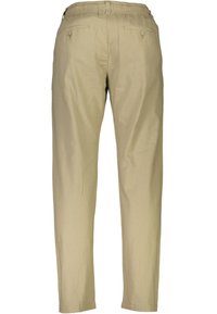 Pantalons beiges au design ajusté, avec une taille élastique et deux poches arrière. Texture lisse, jambes droites et détails de couture simples.