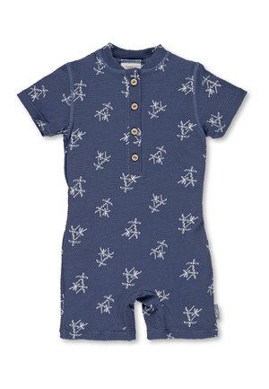 Marineblaue Baby-Overall mit kurzen Ärmeln aus strukturiertem Stoff, weißem Blumenmuster, Holzknöpfen auf der Brust und kurzen Beinen.