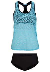 Top tankini blù con motivo a zigzag su base nera; senza maniche con sovrapposizione testurizzata. Parte inferiore da bagno nera a vita alta.