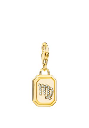 Gold rectangular pendant with a lobster clasp, featuring a Virgo zodiac symbol made of small sparkling crystals.