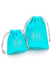 Deux pochettes turquoise à cordonnet argenté, portant le logo "Elli We Jewels" sur un fond blanc.