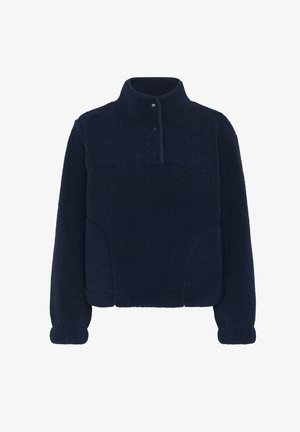 Tumesinise värvi fliisist pullover, pikkade varrukatega, kõrge kaelusega ja kahe trukk-nupuga ees.