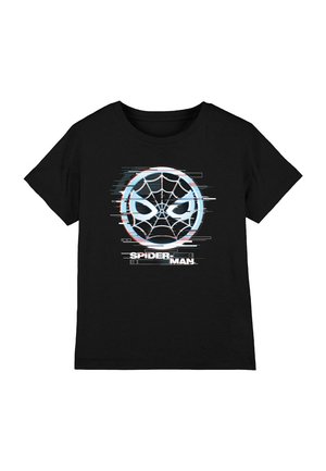 Black cotton t-shirt featuring a white Spider-Man logo with a web design, accented by light blue and red digital effects. Text: "SPIDER-MAN."