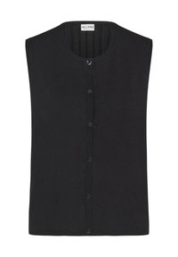 Cardigan noir sans manches avec encolure ronde et fermeture boutonnée sur le devant, motif en maille texturée à l'intérieur de l'encolure, étiquette Pulz Jeans.