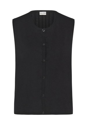 Mustast värvist varrukateta kardigan ümmarguse kaelusega ja ees nööpidega kinnitusega, tekstuuriga kootud muster kaeluse sees, Pulz Jeans silt.