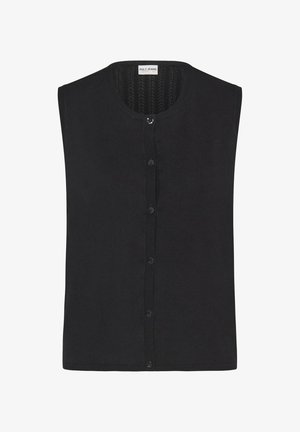 Fekete ujjatlan kardigán kerek nyakkivágással és elöl gombos záródással, a nyakkivágás belső részén texturált kötött minta, Pulz Jeans címke.