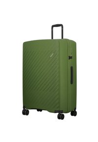 Groen harde koffer met diagonaal lijnpatroon, uitschuifbare zwarte handgreep, twee zijhandgrepen en vier zwarte wielen voor mobiliteit.