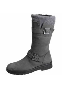 Gray leather boot with a knitted gray cuff, two adjustable straps featuring metal buckles, and a flat rubber sole for traction.
