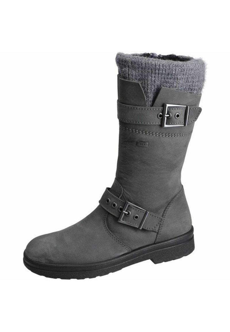 Gray leather boot with a knitted gray cuff, two adjustable straps featuring metal buckles, and a flat rubber sole for traction.