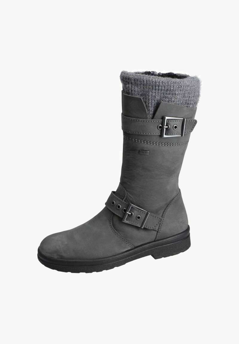 Gray leather boot with a knitted gray cuff, two adjustable straps featuring metal buckles, and a flat rubber sole for traction.