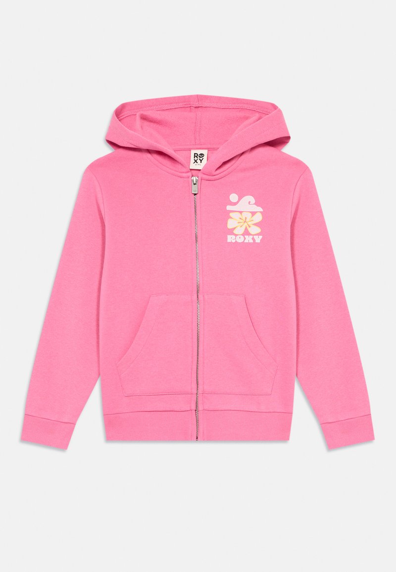 Rosa zip-up hette i bomullsblanding, med en frontlomme og et trykt blomsterlogo på venstre bryst. Hette med justerbare snorer.