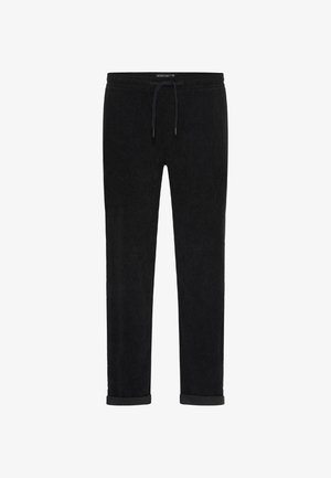 Pantaloni neri a costine con coulisse e caviglie elastiche, vita elastica e vestibilità slim dritta.