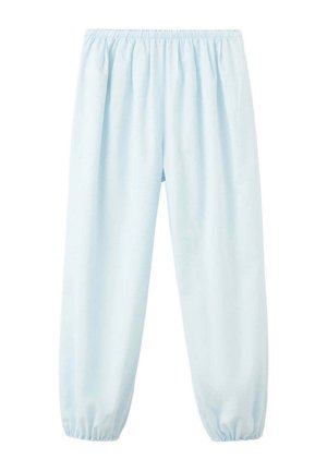 Pantalon bleu clair à taille et chevilles élastiques, coupe ample, en tissu léger.