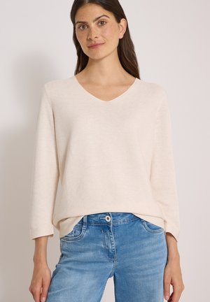 Vrouw met lang donker haar die een lichtbeige V-hals trui en blauwe spijkerbroek draagt tegen een effen achtergrond.