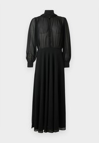 Robe longue noire à manches longues avec corsage en chiffon transparent boutonné, col montant, poignets ajustés et jupe fluide unie.