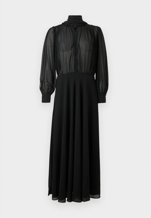 Rochie maxi neagră cu mâneci lungi, cu bodice din chiffon transparent cu nasturi, guler înalt, manșete strânse și fustă solidă și fluidă.