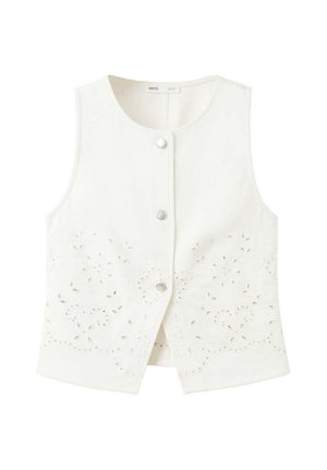Vestă albă fără mâneci cu trei nasturi argintii și broderie florală cu ochiuri de-a lungul marginii inferioare frontale.