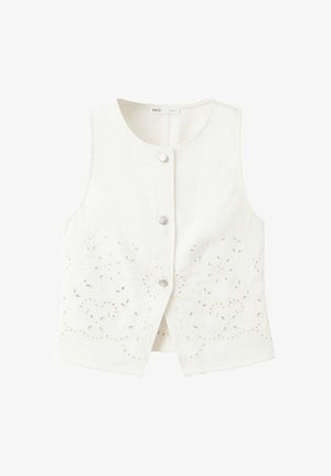 Witte mouwloze vest met drie zilveren knopen en bloemige oogjesborduurwerk langs de onderste voorrand.