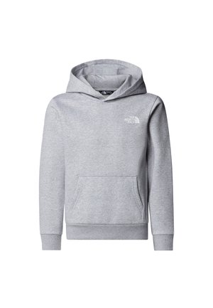Gray hoodie made of soft fabric with a kangaroo pocket, ribbed cuffs, and drawstring hood. Features a small white logo on the chest.